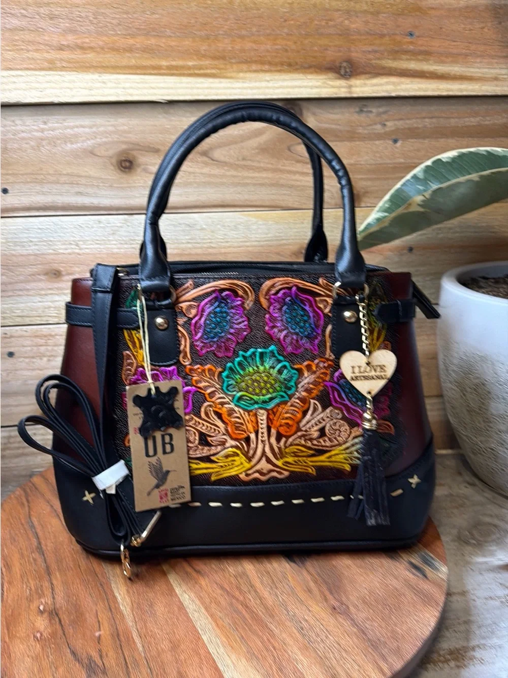 Embroidered Floral Satchel Handbag - Multicolor